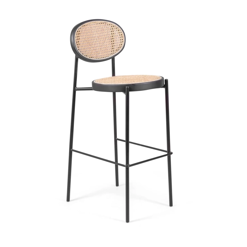 Hocker Vintage Preston 75 cm | Natürliches Rattan und schwarzer Rahmen
