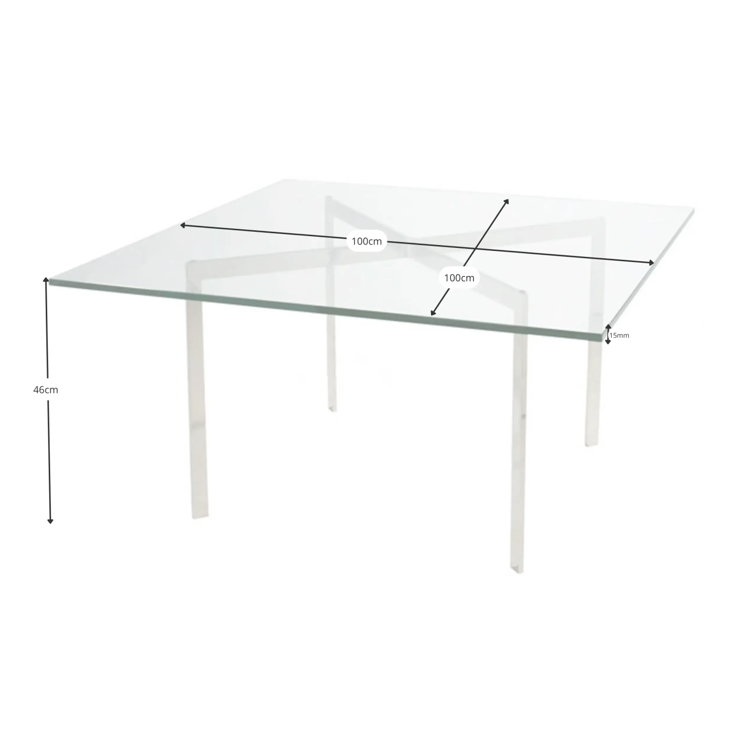 Mesa Mies Van Der Rohe 100x100cm | Cristal Templado y Acero Inoxidable