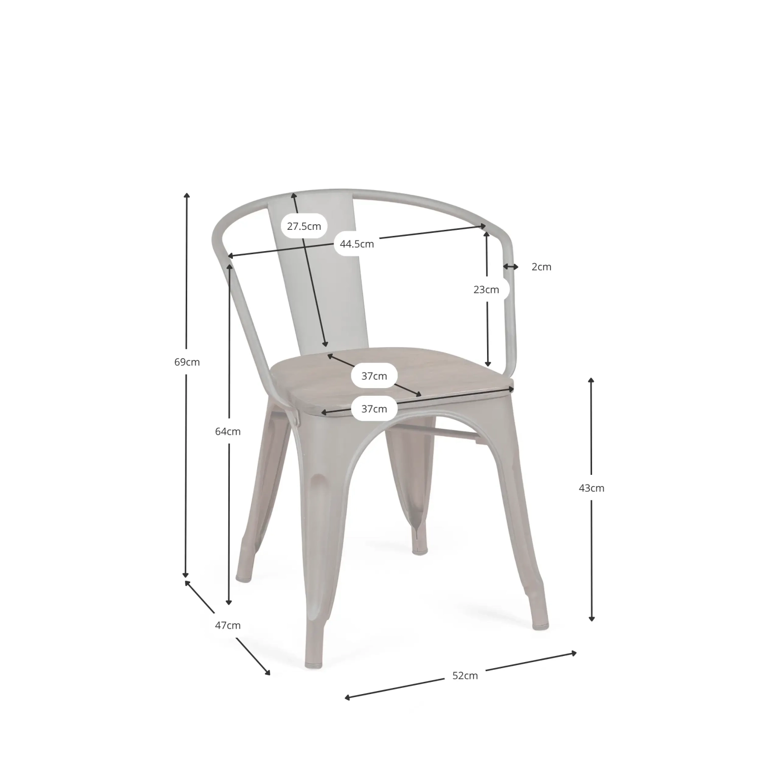 Bistro Chaise en bois à accoudoirs | Chaise industrielle avec accoudoirs et assise en bois