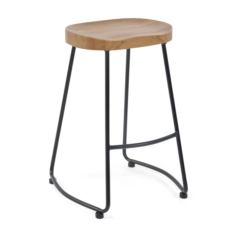 Tabouret de bar industriel Portland 66 cm | Bois d'orme massif et acier