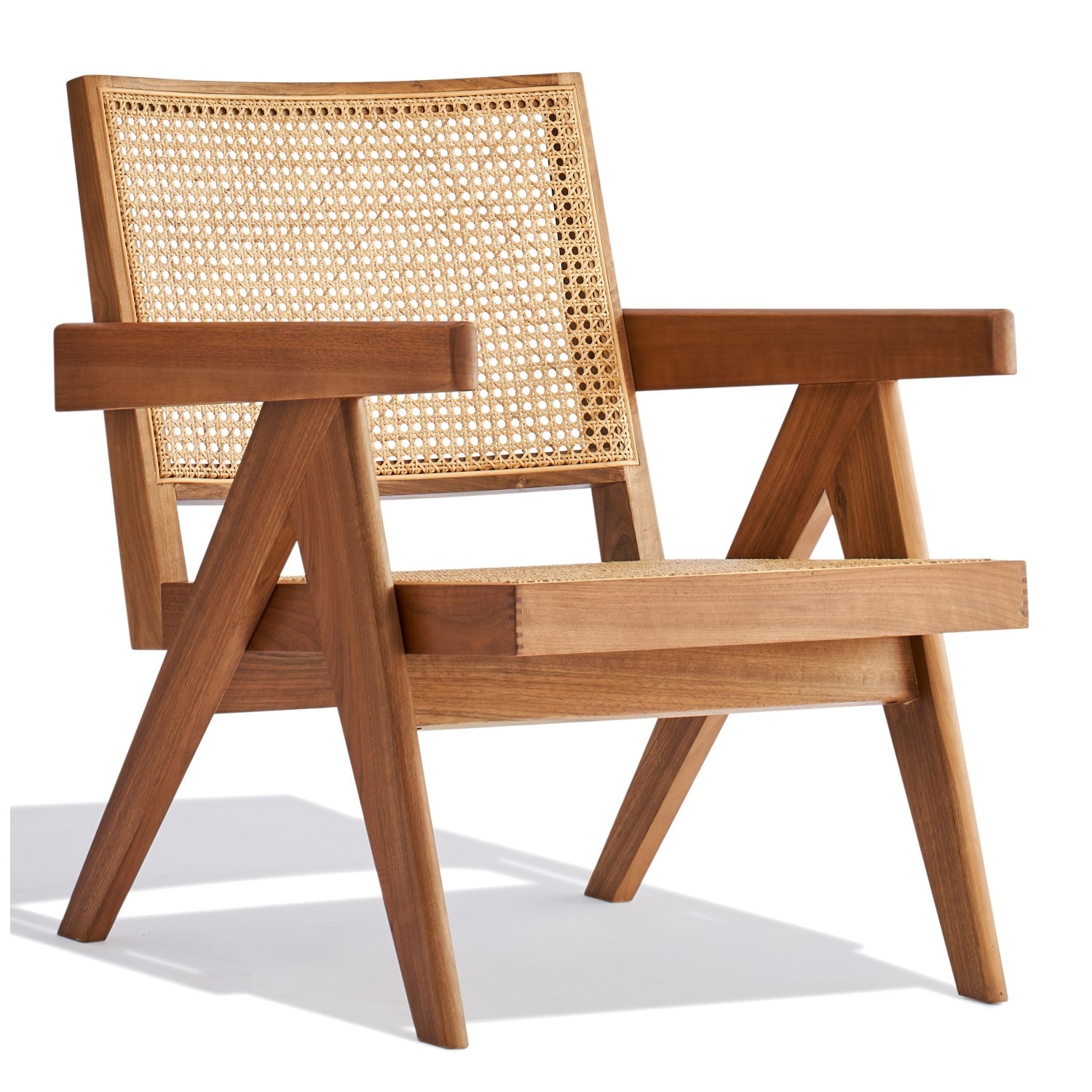 Sillón lounge con reposabrazos Compass en madera de teca y ratán natural